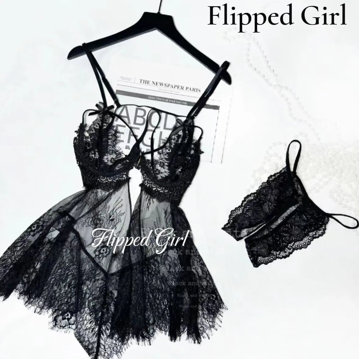 Flipped Girl* Alluring Lace Camisole Cutout Sexy Nightgown Set