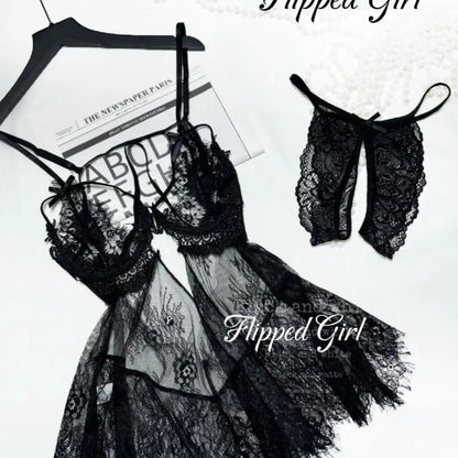 Flipped Girl* Alluring Lace Camisole Cutout Sexy Nightgown Set
