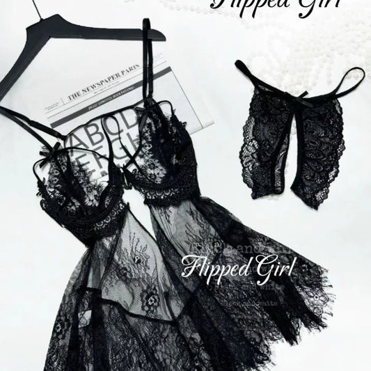 Flipped Girl* Alluring Lace Camisole Cutout Sexy Nightgown Set